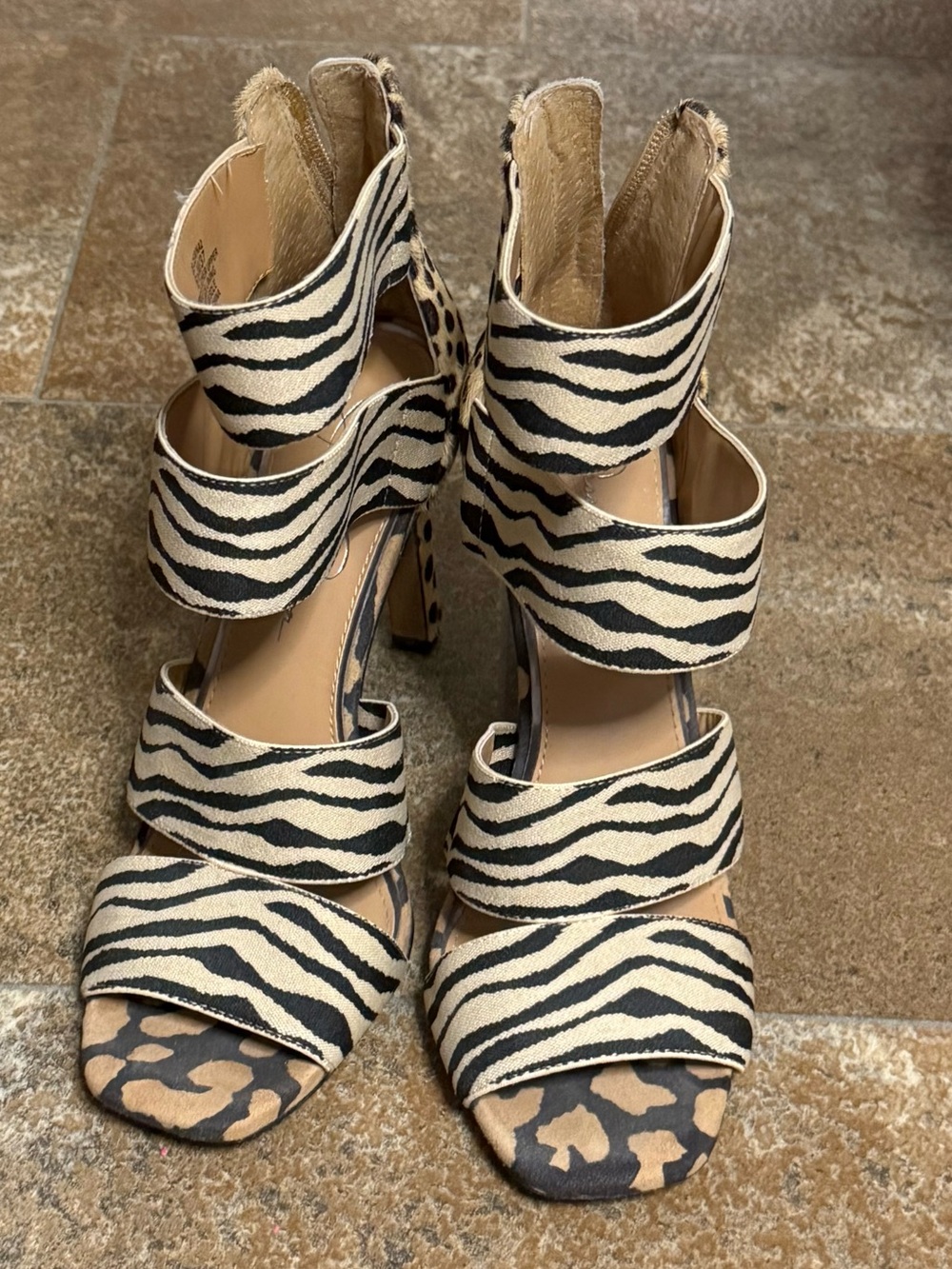 Jessica Simpson Zebra-Print Multi-Strap Block Heel Sandals - Black & Cream